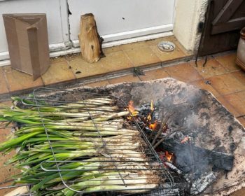 Photo des calçots en train de cuire sur le feu